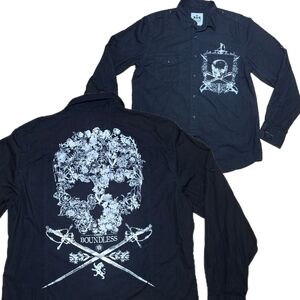 Vtg Y2K Express Button Up Black Shirt Floral Skull Affliction Style Men's Sz L